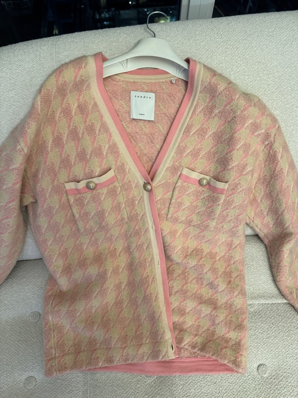 Women's Pink Patterned V-Neck Cardigan with Pocket Detail - Picture 2 of 2